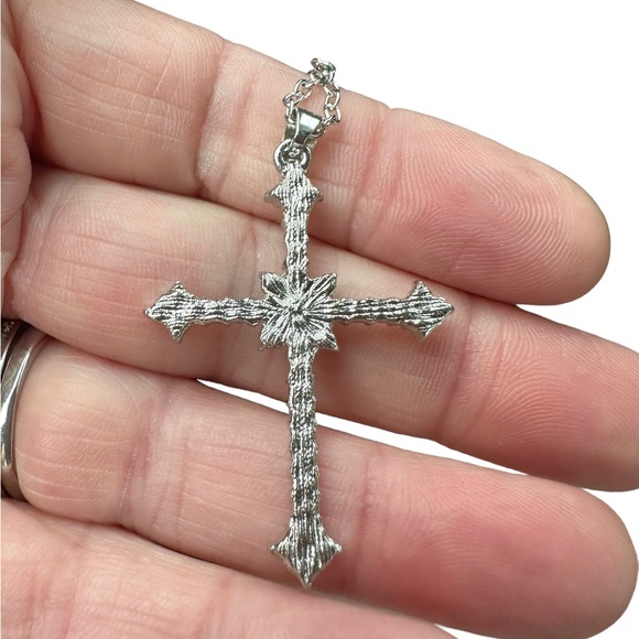 Silver Trendy Cross Pendant Necklace with Rhinestones - Picture 2 of 6